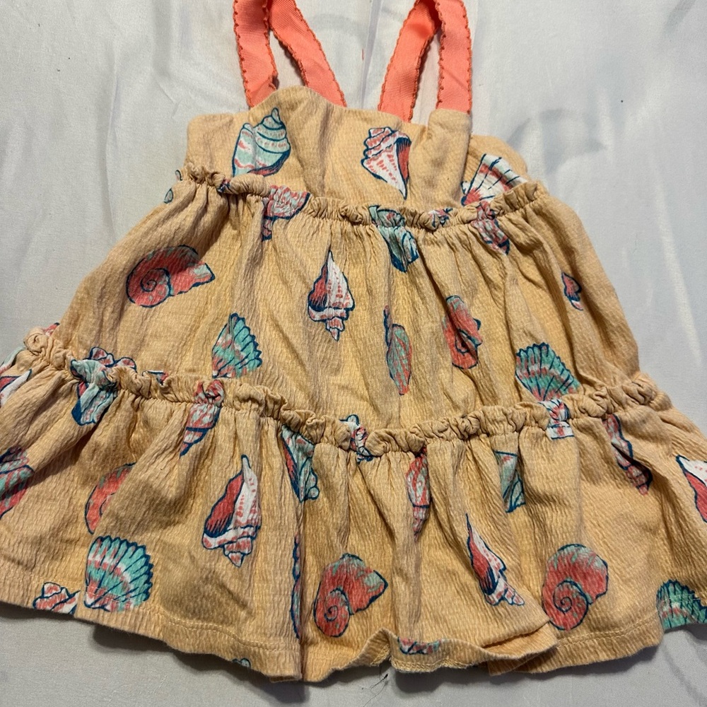 Seashell Print Kids Casual Dress - Tan and Coral